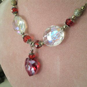 Beautiful Crystal and Red Heart Pendant Beaded Necklace